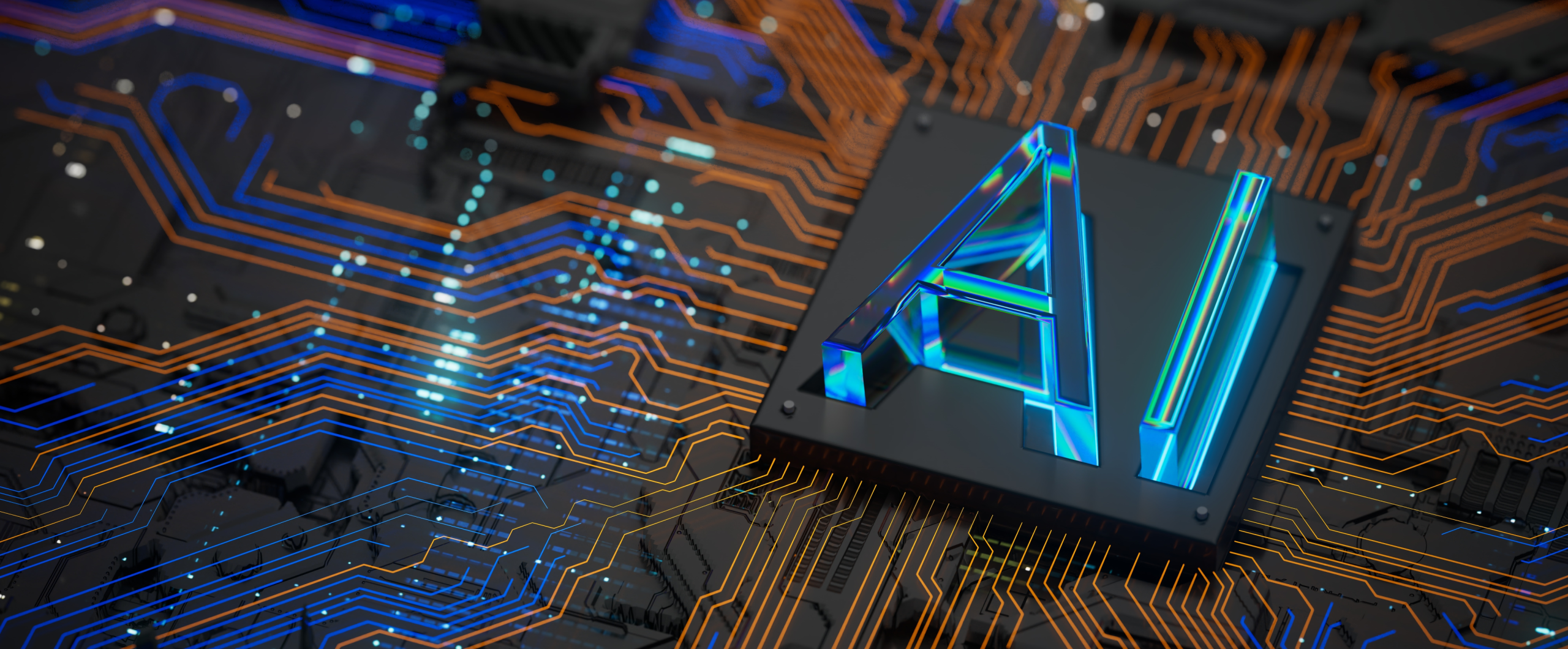 Сяючі літери "AI" на платі з кольоровими електронними шляхами.